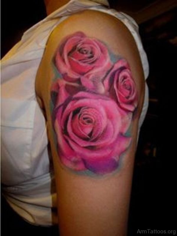 Pink Rose Tattoo On Shoulder