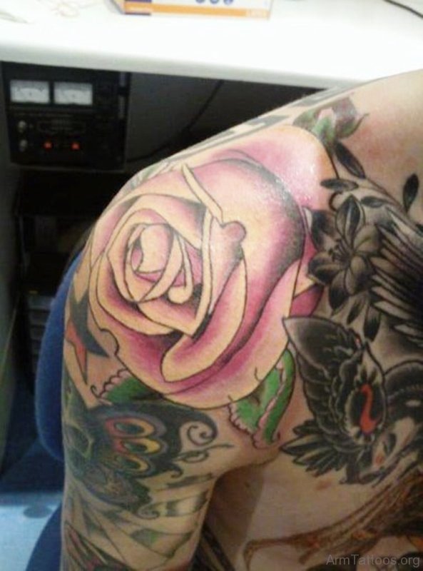 Pink Rose Tattoo On Arm 