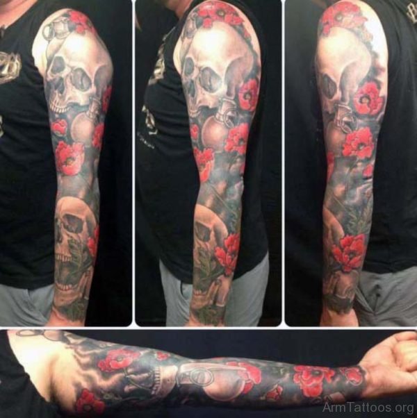 Poppy Flower And Skull Tattoo 