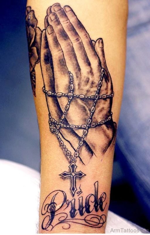 Praying Hands And Rosary Tattoo On Arm