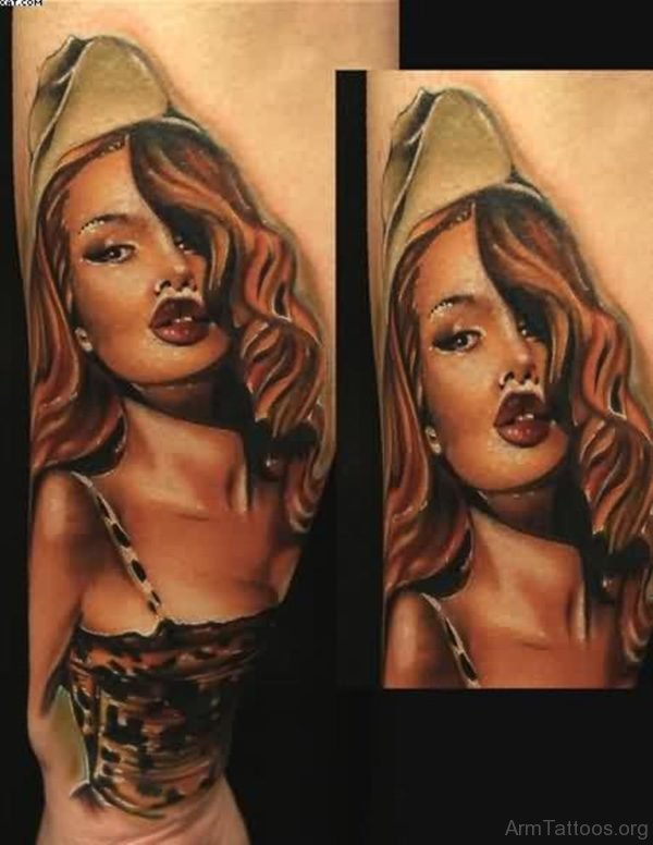 Pretty Army Pin Up Girl Portrait Tattoo 