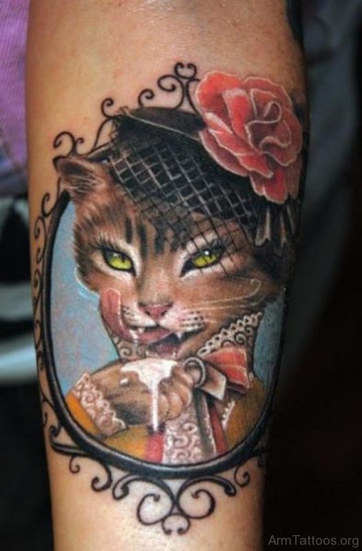 Realistic 3D Cat Face Tattoo On Arm