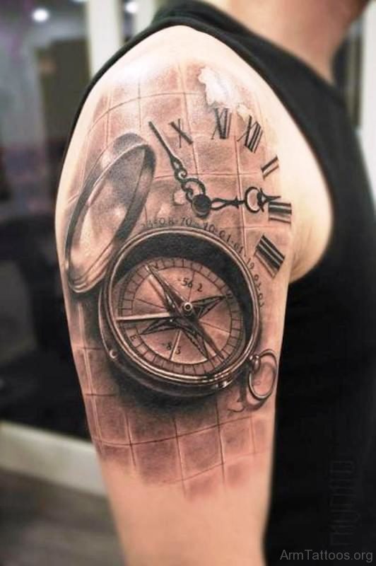Realistic Black Clock Tattoo Design On Arm 