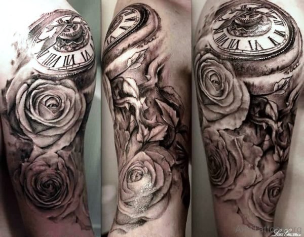 Realistic Clock And Roses Tattoo Design 
