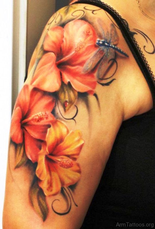 Realistic Flowers With Tattoo On Arm 