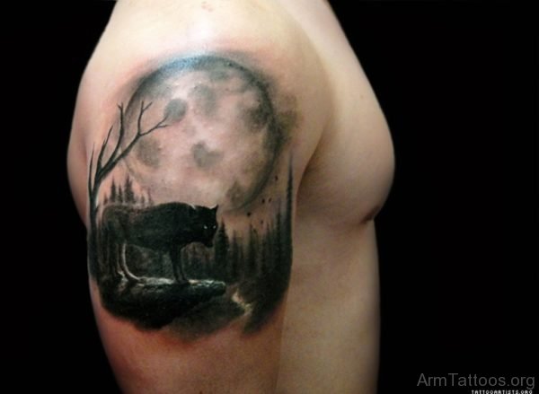 Realistic Full Moon And Wolf Tattoo