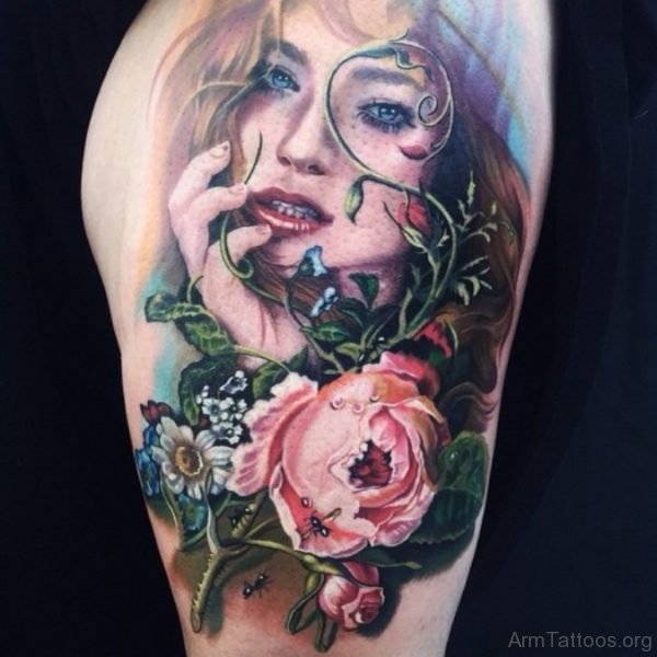 Realistic Girl Portrait Tattoo On Arm 