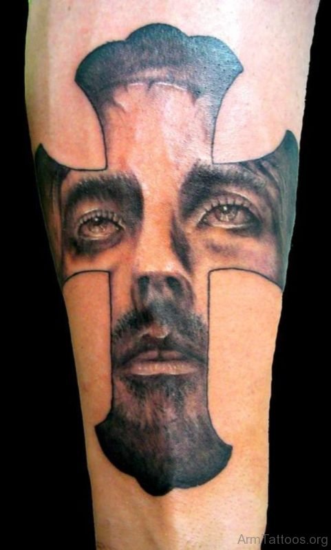 Realistic Jesus Portrait Tattoo On Arm