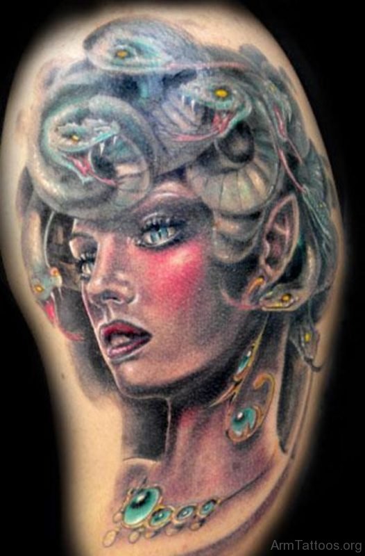Realistic Medusa Girl Tattoo On Arm 