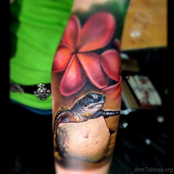 Realistic Red Lily Flower And Turtle Tattoo On Arm
