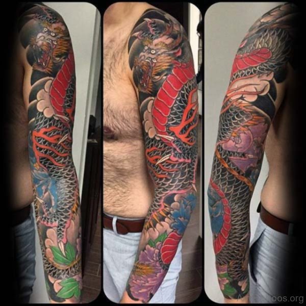 Red And Black Ink Japanese Dragon Tattoo