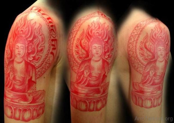 Red Buddha On Lotus Tattoo On Shoulder