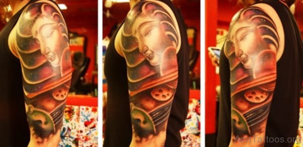 Red Buddha Tattoo Design On Sleeve 