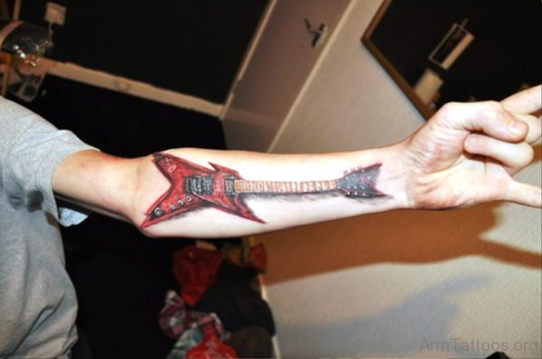 Red Colored Guitar Tattoo