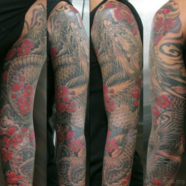 Red Flower And Chinese Dragon Tattoo