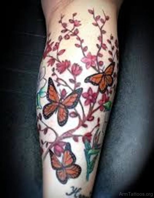 Red Flowers And Butterfly Tattoo