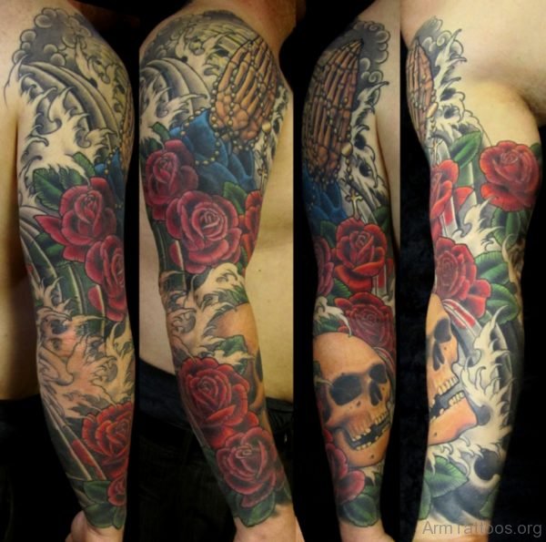 Red Flowers And Skull Tattoo 