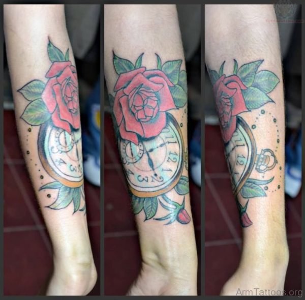 Red Rose And Clock Tattoo