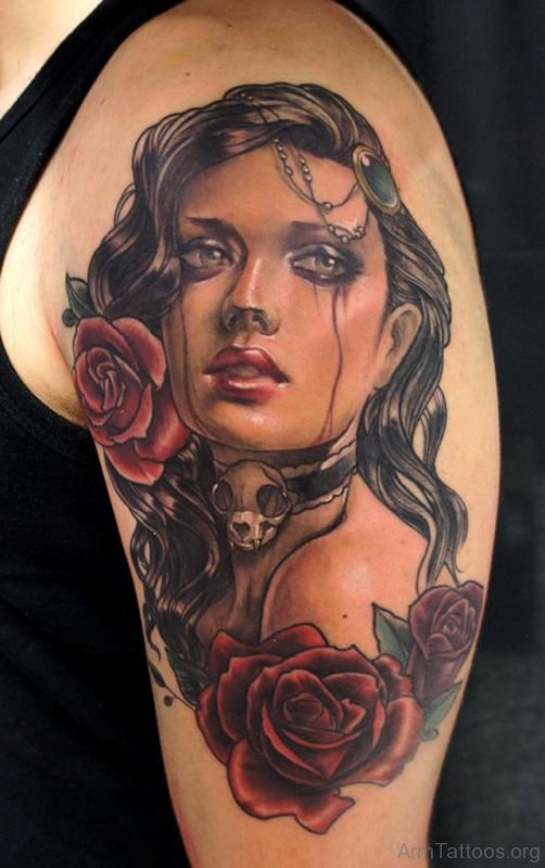 Red Rose And Portrait Tattoo 