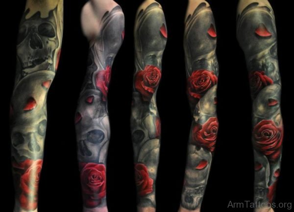 Red Rose And Skull Tattoo On Full Sleeve 