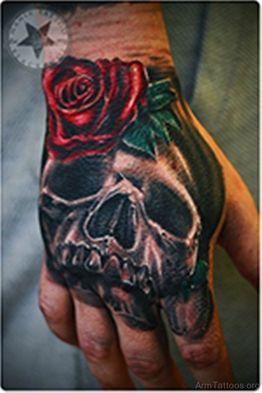 Red Rose Skull Tattoo On Hand
