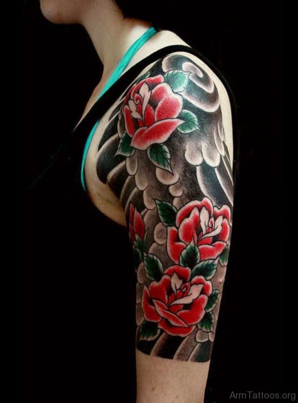 Red Rose Tattoo On Half Sleeve