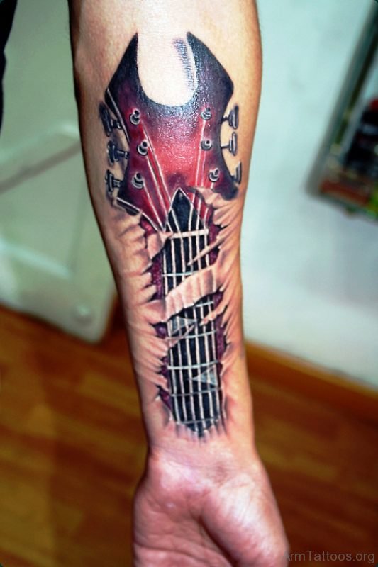 Red Skin Colorful Guitar Tattoo On Arm 