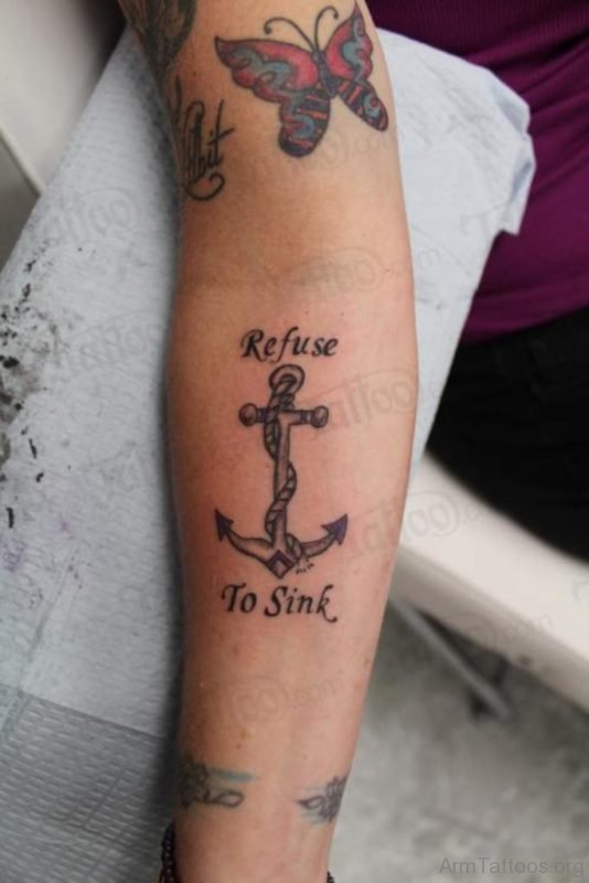 Refuse To Sink Rope Anchor Tattoo On Arm