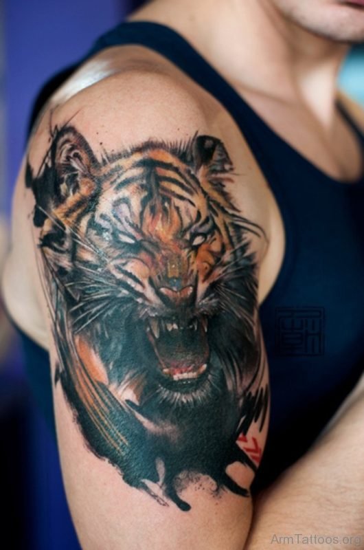 Roaring Tiger Tattoo On Shoulder