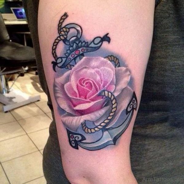 Rose And Anchor Tattoo On Shoulder
