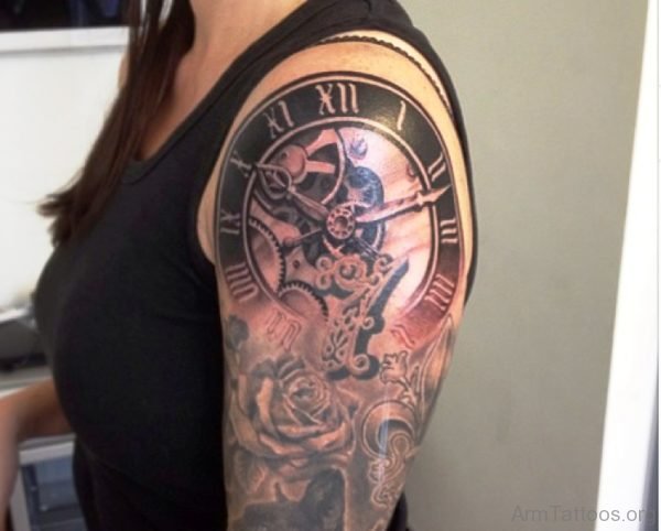 Rose And Clock Tattoo Design On Arm 