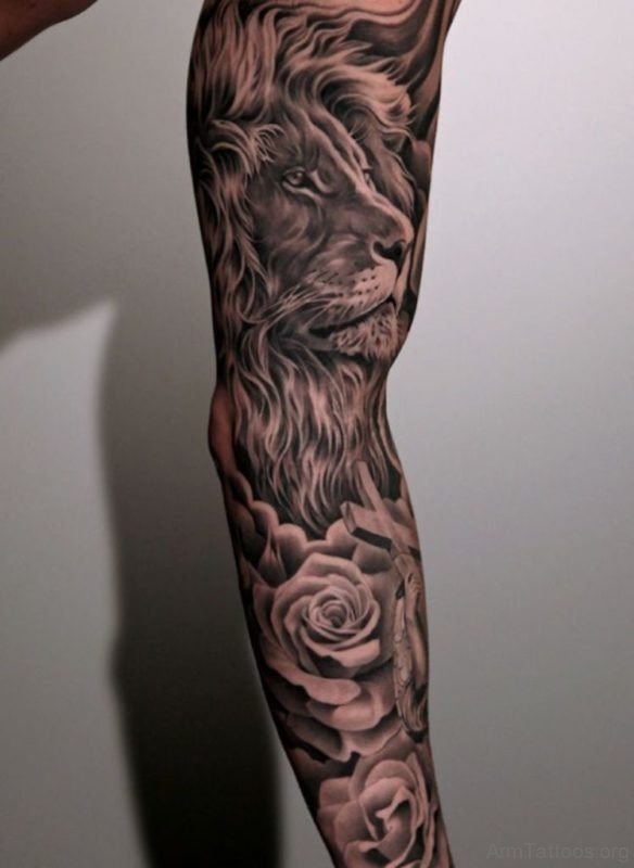 Rose And Lion Tattoo On Arm