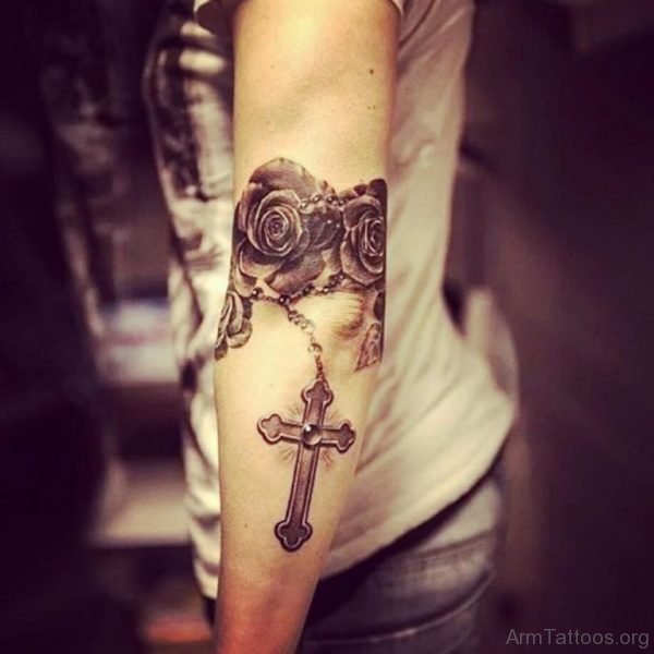 Rose And Rosary Tattoo On Arm
