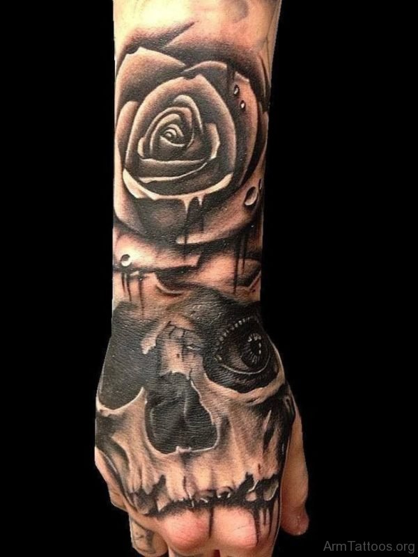 Rose And Skull Tattoo On Hand