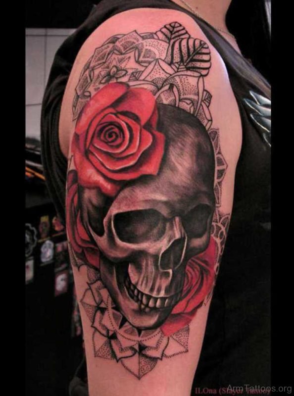 Rose And Skull Tattoo On Shoulder