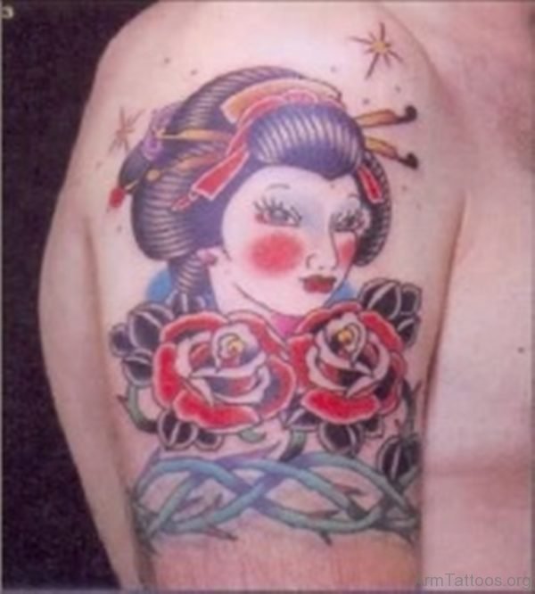 Rose Flower And Geisha Tattoo