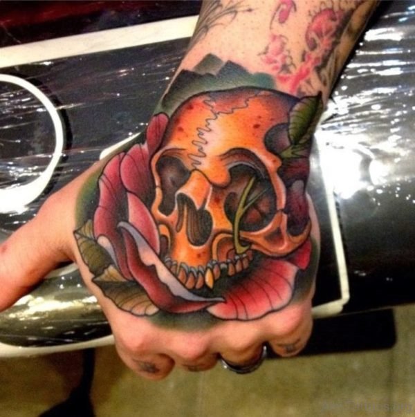 Rose Skull Tattoo On Left Hand