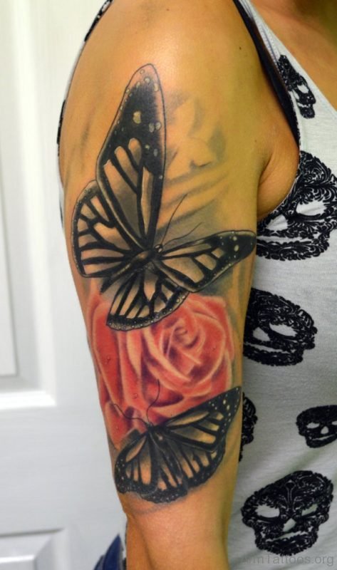 Rose and Butterfly Tattoo On Half Sleeve