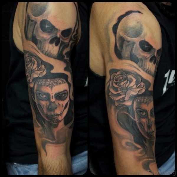 Rose and Skull Tattoo On Half Sleeve