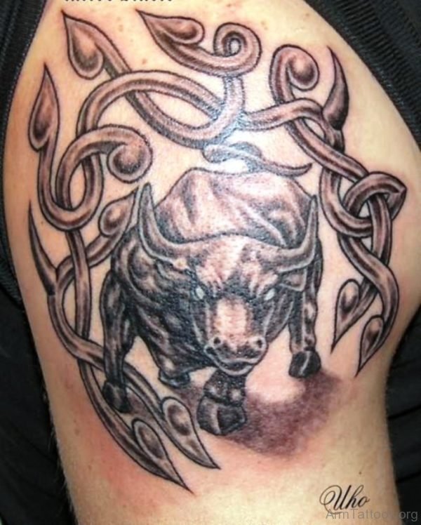 Running Bull Tattoo On Shoulder 