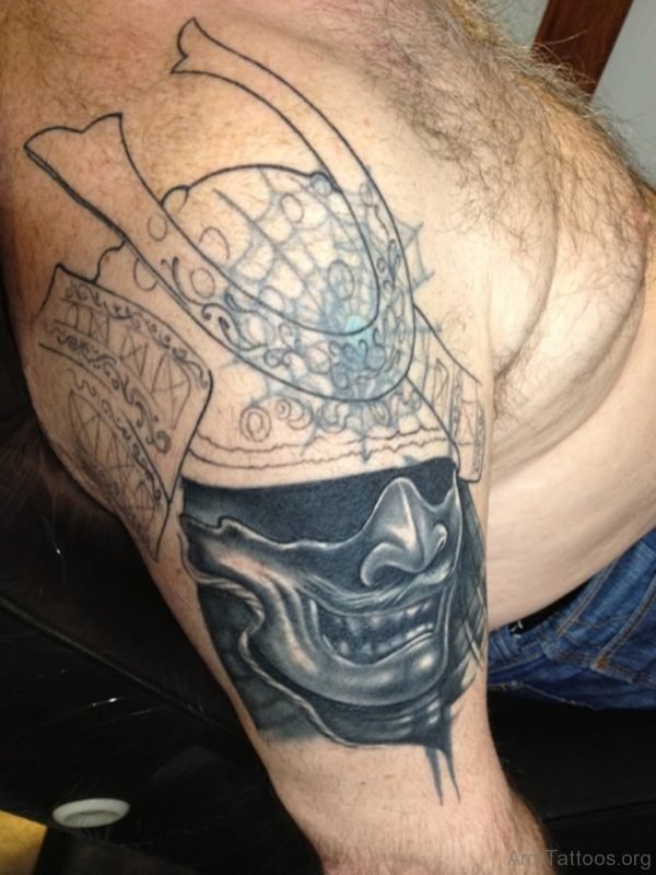 Samurai Mask Tattoo On Shoulder For Men