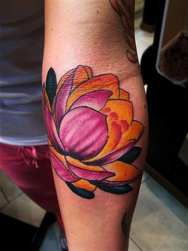 Sanskrit And Lotus Tattoo Designs On Arm