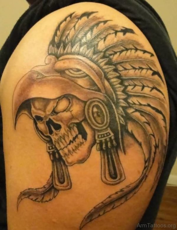 Scary Aztec Skull With Mask Tattoo On Men Shoulder