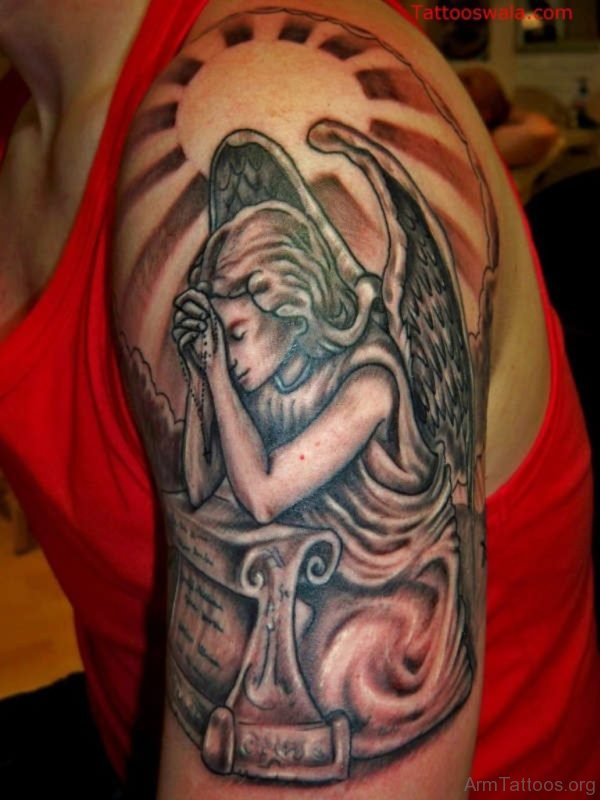Shining Sad Angel Tattoo Design On Left Arm