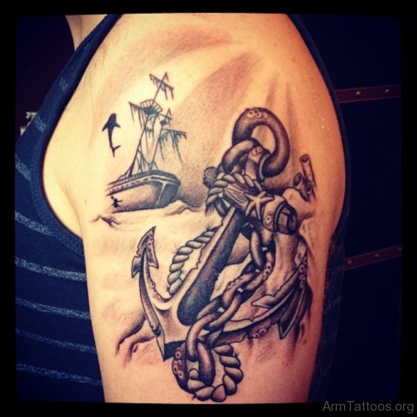 Ship n Rope Anchor Tattoo On Shoulder