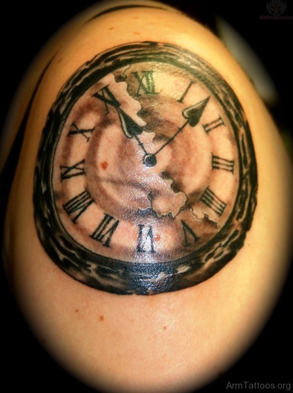Simple Clock Tattoo On Shoulder 