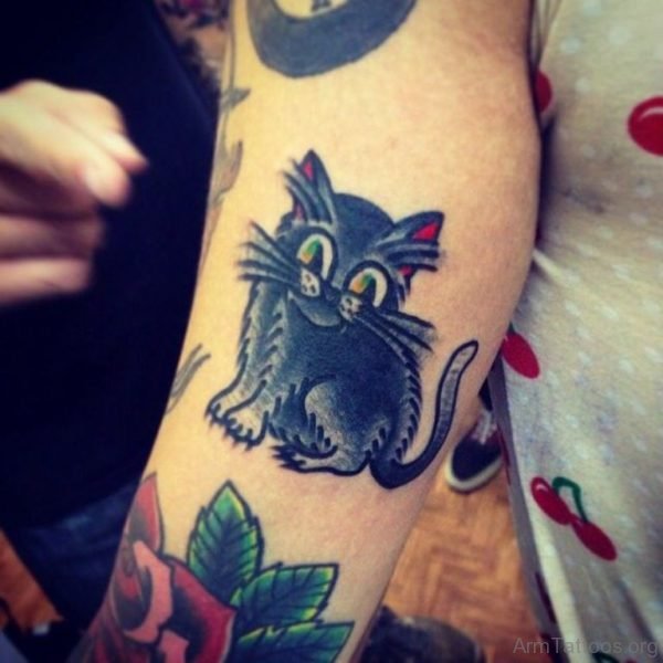 Simple Traditional Cat Tattoo On Arm