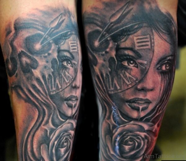Skull And Girl Portrait Tattoo On Arm 