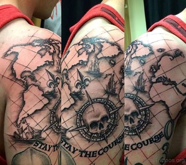 Skull And Map Tattoo On Shoulder