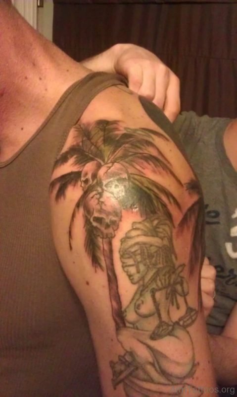 Skull And Tree Tattoo On Shoulder
